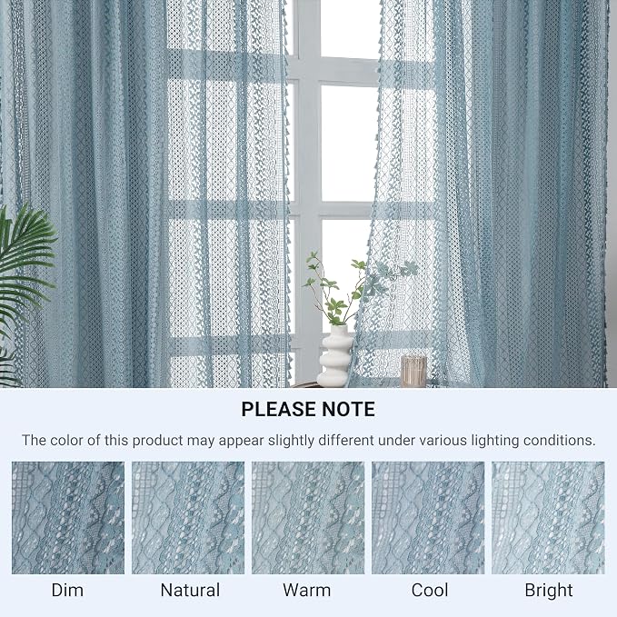 WAZZIO Boho Lace Curtains 84 Inches 2 Panel, Light Filtering Privacy Tassel & - Image 8