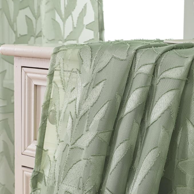 Lecloud Leia 2 Panels Semi Sage Green Sheer Curtains 45 Inch Length, Light - Image 7