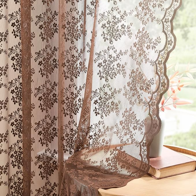 YJ YANJUN Vintage Lace Curtains 54 Inch Length-Brown Kitchen Curtains by YJYANJUN