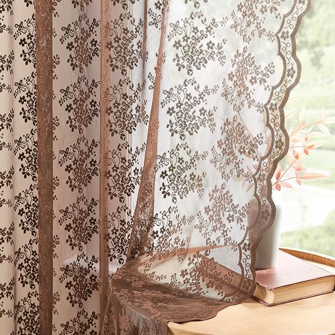 YJ YANJUN Vintage Lace Curtains 96 Inches Long-Victorian Floral Sheer Brown - Image 3