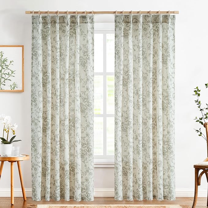 jinchan Pinch Pleated Curtains Floral Linen Blend Curtains - Image 2