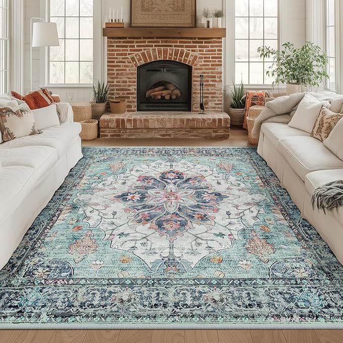 Area Rugs Square 8ft Washable Non-Slip, Floral Vintage Distress Print Pattern by RELEANY