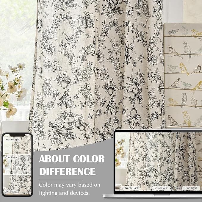 jinchan Linen Floral Curtains for Living Room 84 Inch Length Black Printed - Image 5