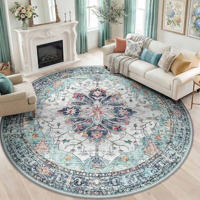 Area Rugs 8ft Washable Non-Slip, Floral Vintage Distress Print Pattern by RELEANY