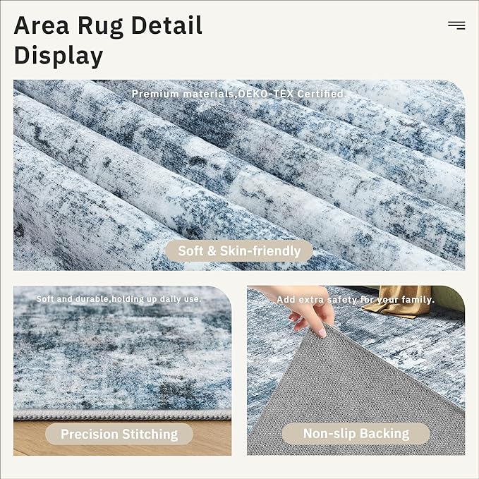 5x8 Area Rugs Blue/Grey Low Pile Indoor Washable Trendy Faded Style Rugs - Image 6