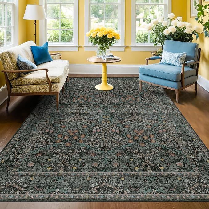 Washable Vintage 5x8 Living Room Rug, Dark Green Floral Area Rug - Image 8