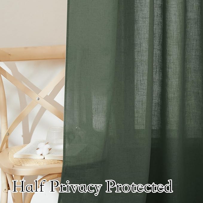 RYB HOME Olive Green Linen Sheer Curtains 84 inches, 2 Panels Rod Pocket Living - Image 4