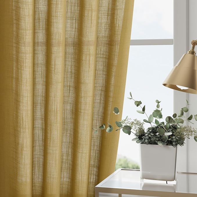 Nanspring Gold Linen Curtains Semi Sheer Gold 96 Inches Long 2 Panels Set - Image 4