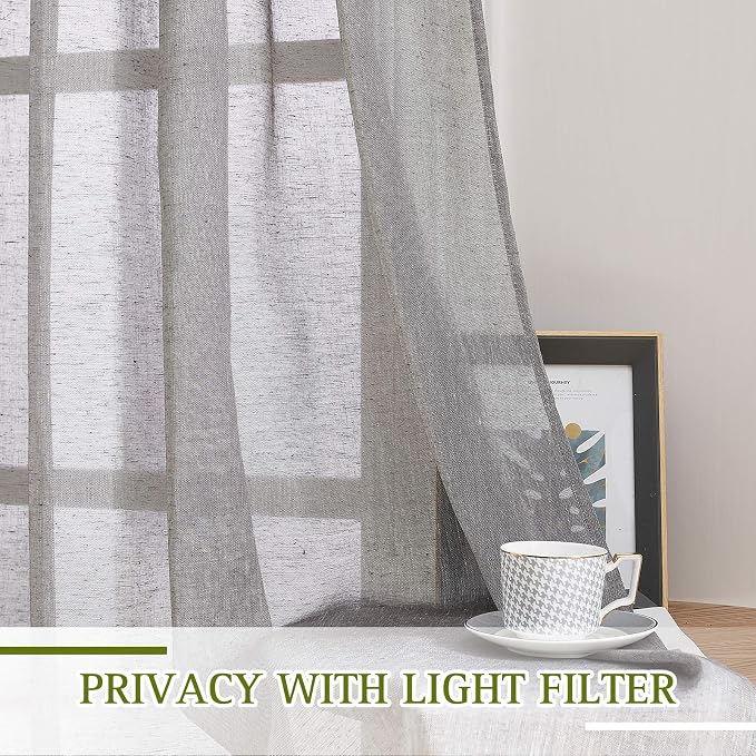 NICETOWN Charcoal Grey Solid Linen Sheer Curtains, Ring Top Thick Flax Light - Image 3