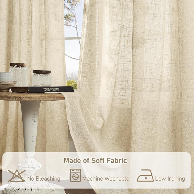 LAMIT 96 inch Linen Curtains for Bedoom, Light Filtering Semi Sheer Panels Back - Image 8