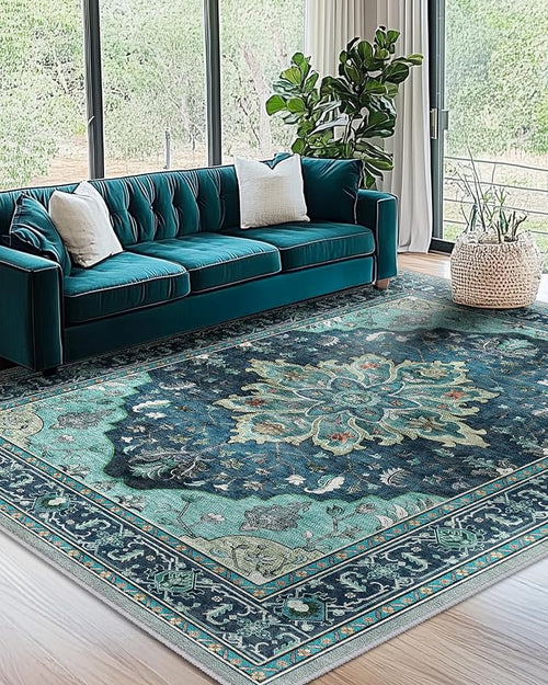 Area Rugs 7'x9' Washable Non-Slip, Floral Vintage Distress Print Pattern by RELEANY