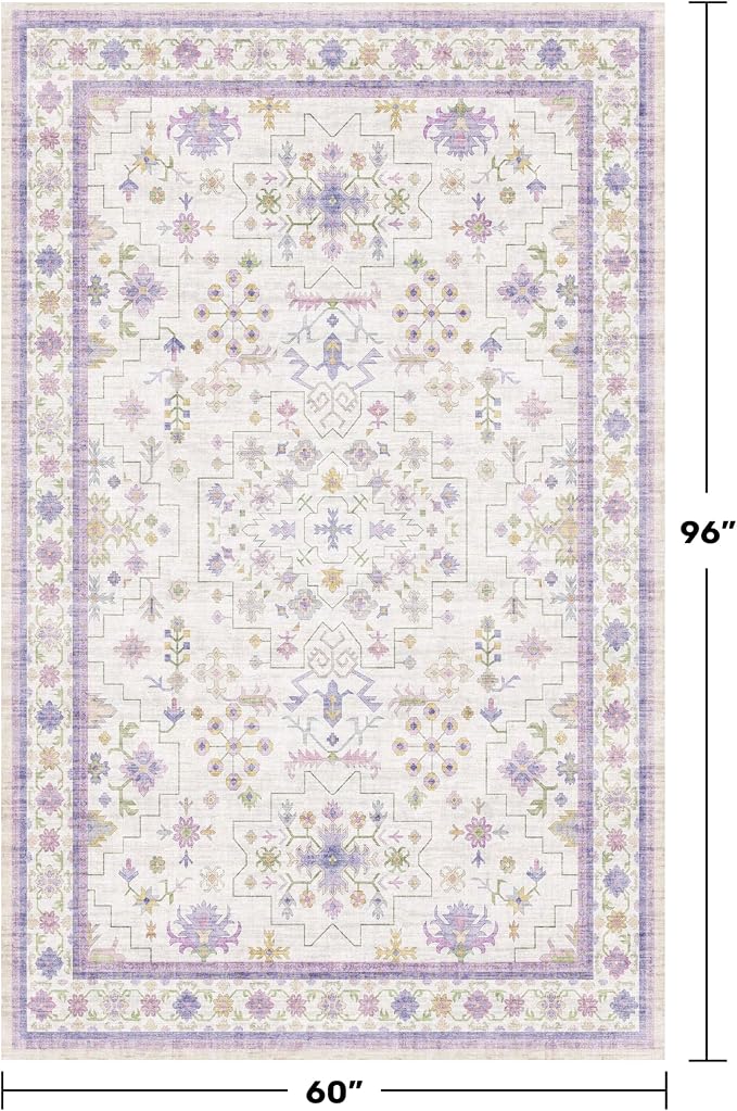 Light Purple Rug for Girls Bedroom, 5x8 Washable Floral Area Rug for Nursery - Image 2