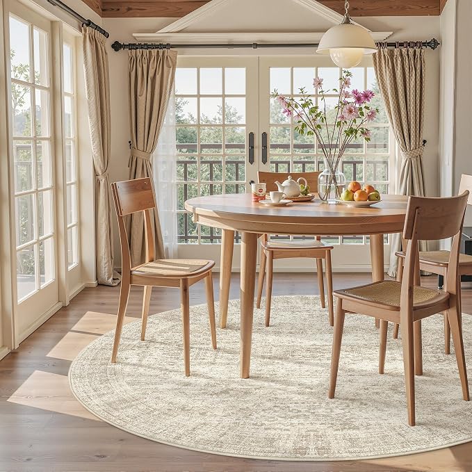 5x5 Beige Round Rug 5ft Living Room Circle Rug Vintage Round Area Rug Non Slip - Image 9