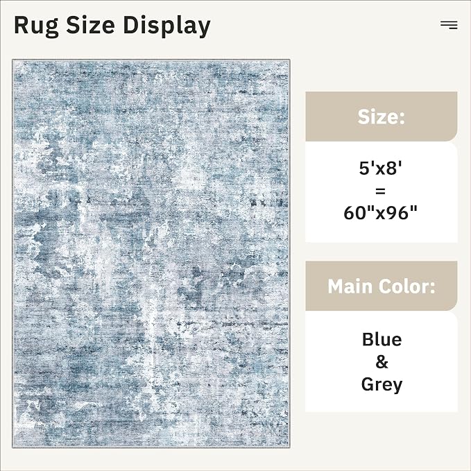 5x8 Area Rugs Blue/Grey Low Pile Indoor Washable Trendy Faded Style Rugs - Image 5