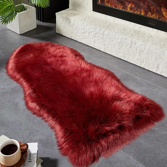 AMTOVO Faux Fur Rug, Burgundy Area Rug, Fluffy Sheepskin Rug, Fuzzy Ultra Soft - Image 5