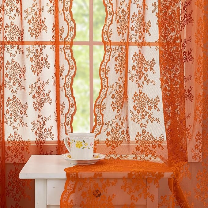 YJ YANJUN Vintage Lace Curtains 108 Inches Long- Burnt Orange Floral Sheer - Image 3