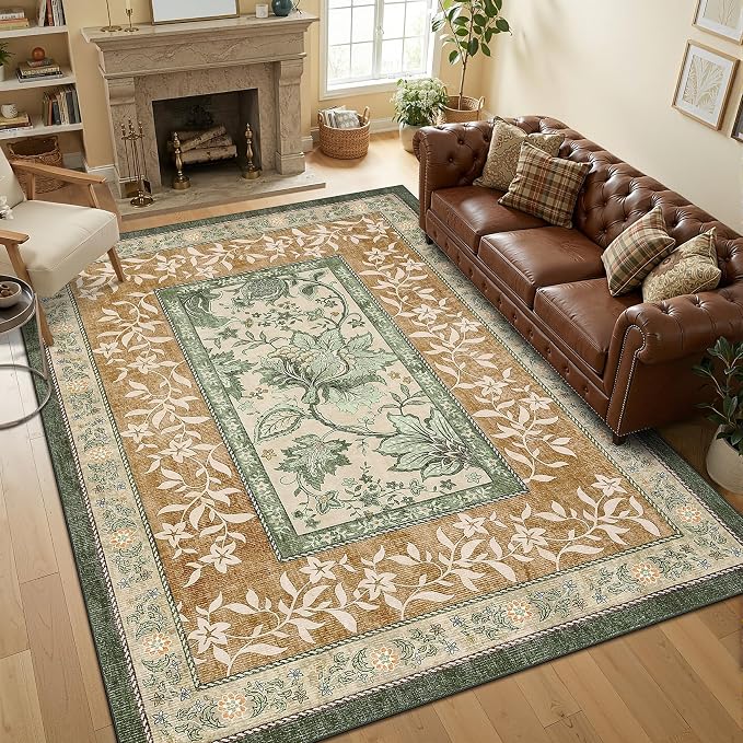 GarveeHome Terracotta Olive Sage Green Washable 5x7 Area Rugs, Botanical Grove - Image 3