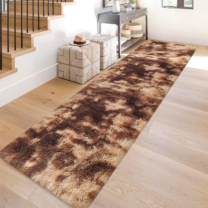 Super Soft Fluffy Living Room Area Rug 2x10 ft Tie-Dyed Brown Shaggy Furry - Image 3