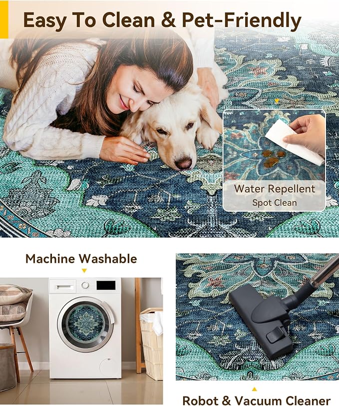 Area Rugs 7ft Washable Non-Slip, Floral Vintage Distress Print Pattern - Image 4