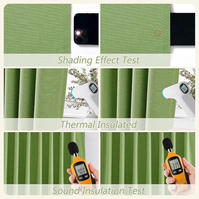 Guken Lime Green 100% Blackout Linen Curtains 108 Inch Length 2 Panels Set - Image 6