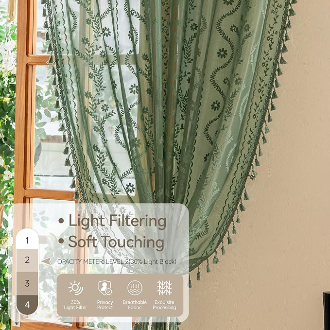WAZZIO Boho Lace Curtains 2 Panels 63 Inches -Vintage Victorian Sheer Panel - Image 4