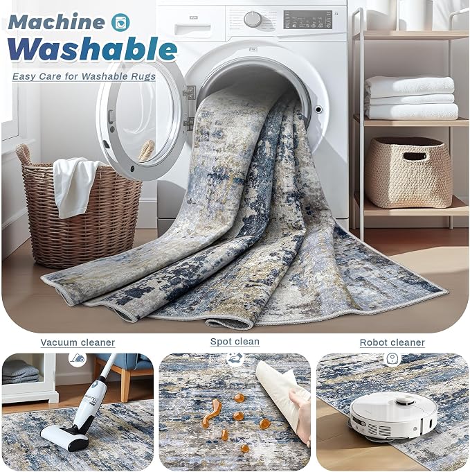 Area Rugs 10x14 Living Room: Washable Rug Modern Abstract Neutral Soft Non-Slip - Image 2