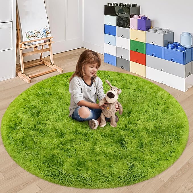 5x5 ft Tie Dye Green Round Rug for Bedroom Room Fluffy Circle Rug Furry Carpet - Image 4