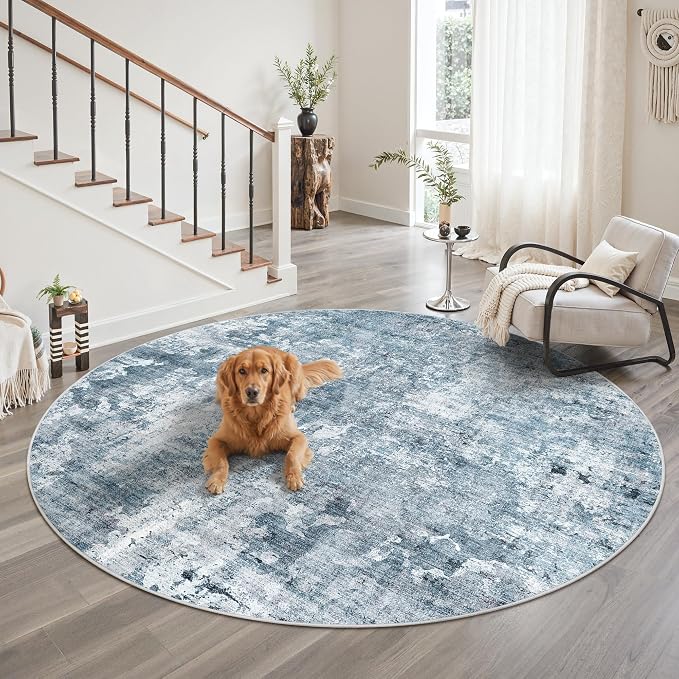 9x9 Blue/Grey Round Rug 9ft Living Room Circle Rug Vintage Round Area Rug Non - Image 2