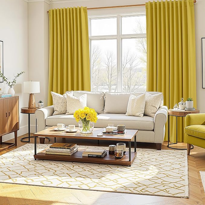 Guken Celery Yellow 100% Blackout Linen Curtains 102 Inch Length 2 Panels Set - Image 8