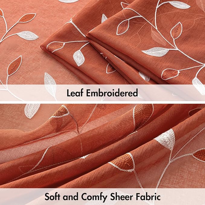 MIULEE Burnt Orange Sheer Curtains 2 Panels Embroidered Leaf Patterned Rod - Image 4