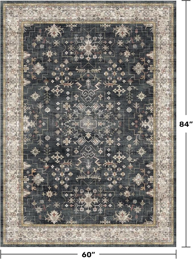 Black Boho Living Room Rug 5x7, Washable Dark Vintage Moody Low Pile Non Slip - Image 2