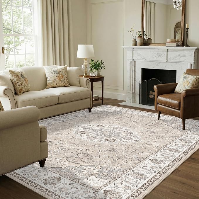 7x10 Area Rug for Living Room: Washable Neutral Vintage Large Rugs for Bedroom - Image 4