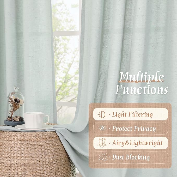 LAMIT Linen Curtains 63 Inch for Bedroom, Light Filtering Neutral Semi Sheer - Image 4