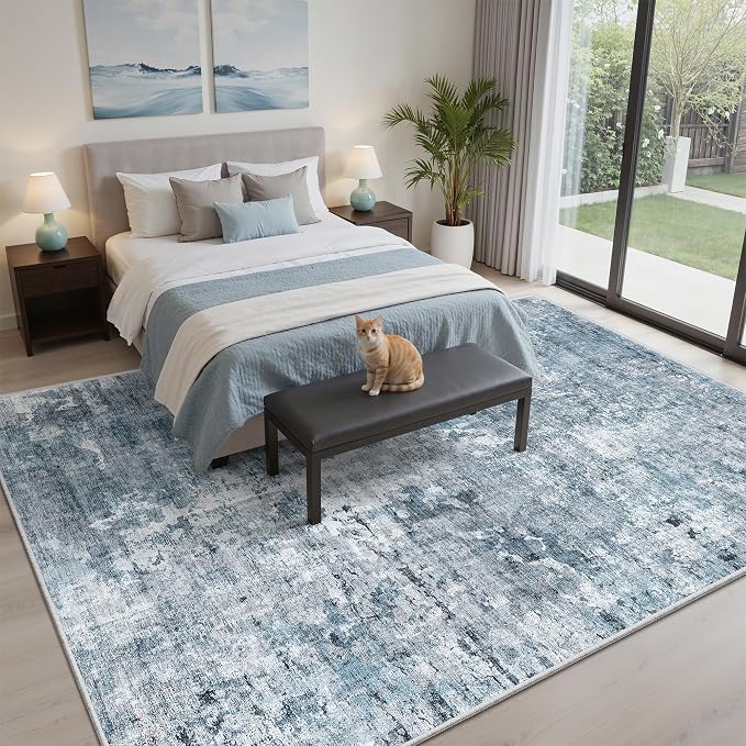 5x8 Area Rugs Blue/Grey Low Pile Indoor Washable Trendy Faded Style Rugs - Image 3