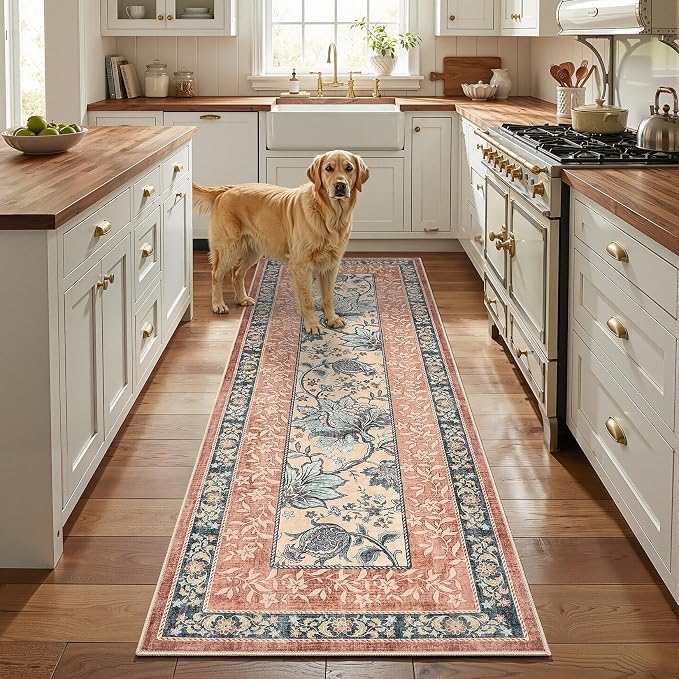 GarveeHome Terracotta Teal Washable 6x9 Area Rugs, Botanical Grove Vintage - Image 4