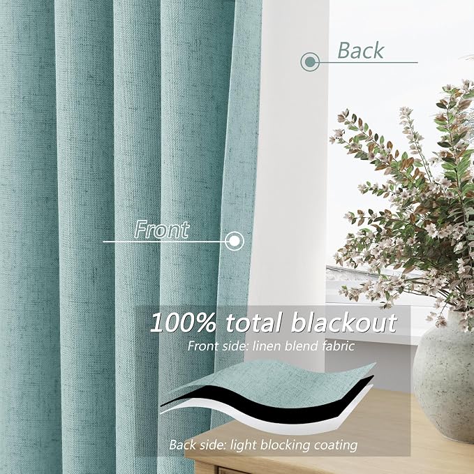 Guken Light Blue 100% Blackout Linen Curtains 108 Inch Length 2 Panels Set - Image 4