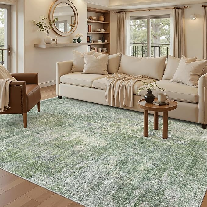 5x8 Area Rugs Green/Ivory Low Pile Indoor Washable Trendy Faded Style Rugs - Image 2