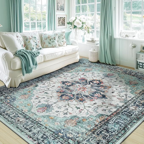 Area Rugs 6'x9' Washable Non-Slip, Floral Vintage Distress Print Pattern - Image 2