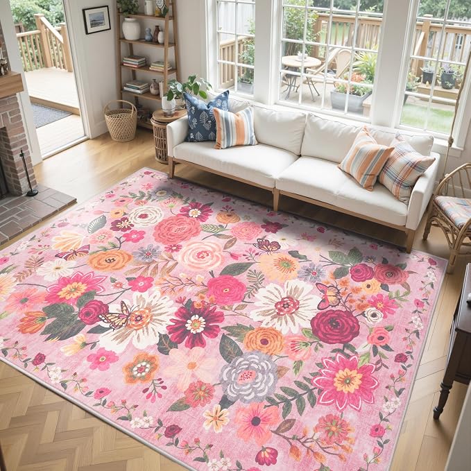Pink Area Rugs 9x12 Living Room Washable Rug Non Slip Floral Low Pile Large Rug - Image 5