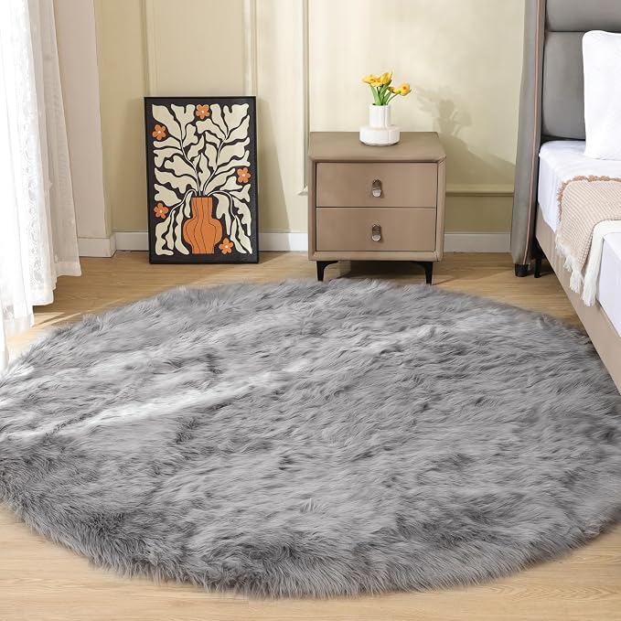 ORINOVA Round Rugs 6ft Silver Grey Fuzzy Faux Sheepskin Washable Furry Fur Area by ORINOVA