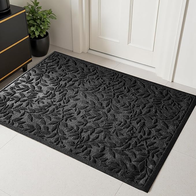 Black Leaves Outdoor Indoor Entrance Door mat, Absorbent Durable Heavy Duty by VivaNest