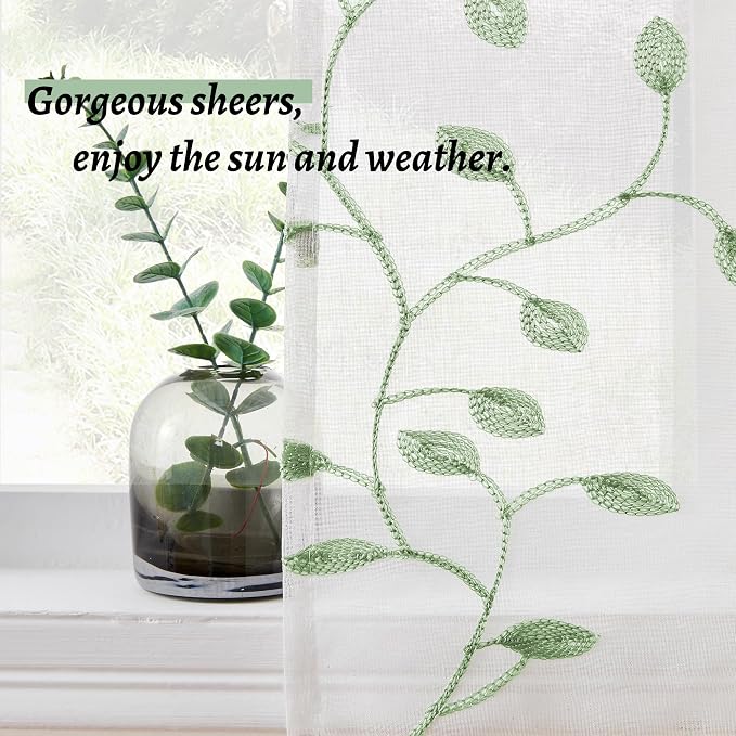 MRTREES Sheer Voile Curtain Valances 2 Panels, Sage Green Leaves Embroidered - Image 4
