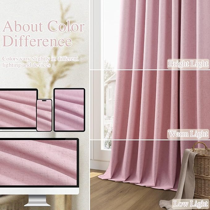 Guken Rose 100% Blackout Linen Curtains 96 Inch Length 2 Panels Set - Image 7