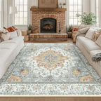 RELEANY Area Rugs Square 8ft Washable Non-Slip, Floral Vintage Distress Print by RELEANY