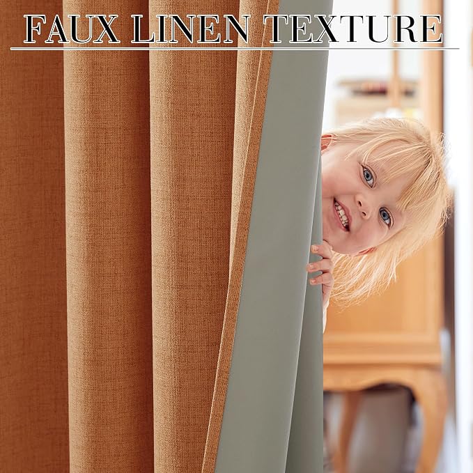 RYB HOME Burnt Orange Total Blackout Curtains Linen Texture, Fall Curtains - Image 3