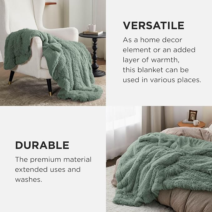 Bedsure GentleSoft Fuzzy Sherpa Faux Fur Twin Blanket Sage Green Cozy Gifts - Image 5