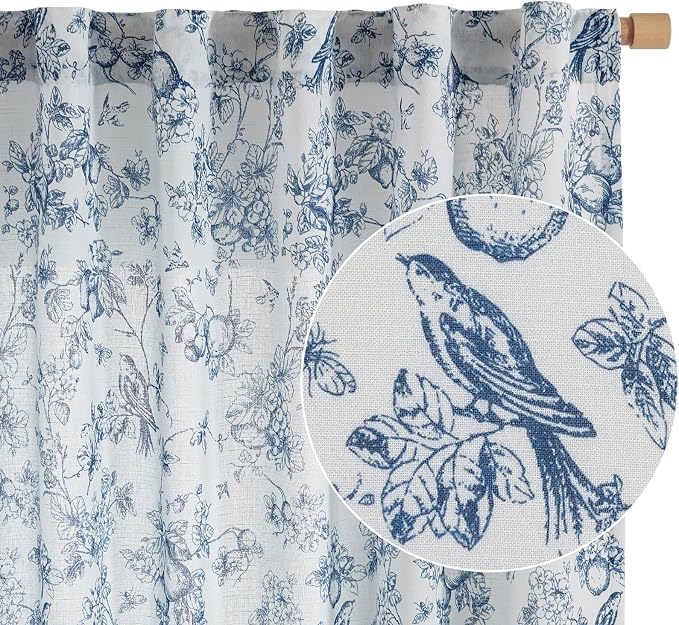 jinchan Linen Floral Curtains for Living Room 63 Inch Length Blue Printed - Image 7