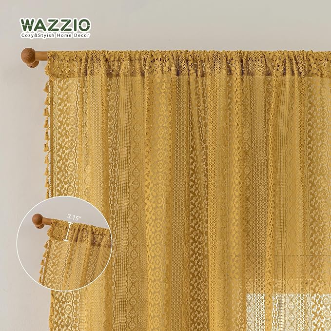 WAZZIO Boho Lace Curtains 72 Inches 2 Panel, Light Filtering Privacy Tassel & - Image 6