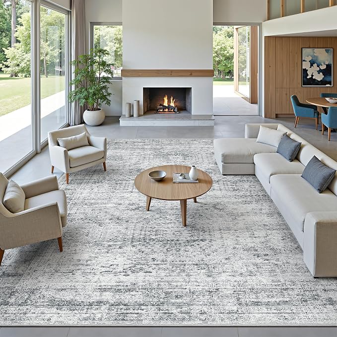 12x15 Washable Area Rug Gray Neutral Abstract Living Room Large Carpet Non Slip - Image 2