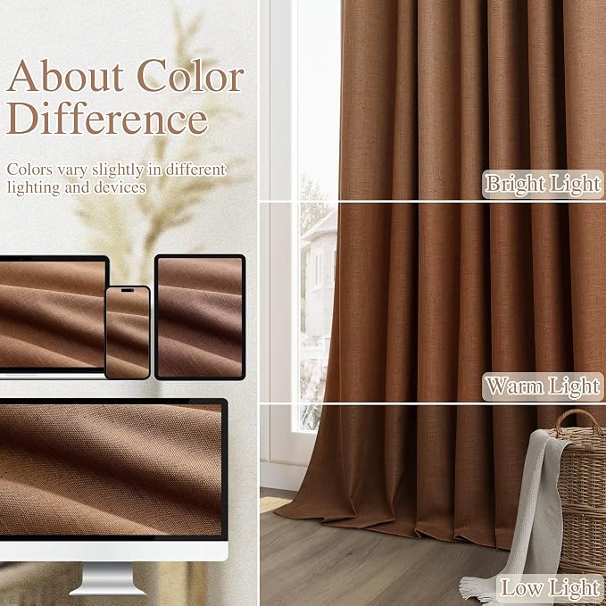 Guken Caramel Brown 100% Blackout Linen Curtains 96 Inch Length 2 Panels Set - Image 7
